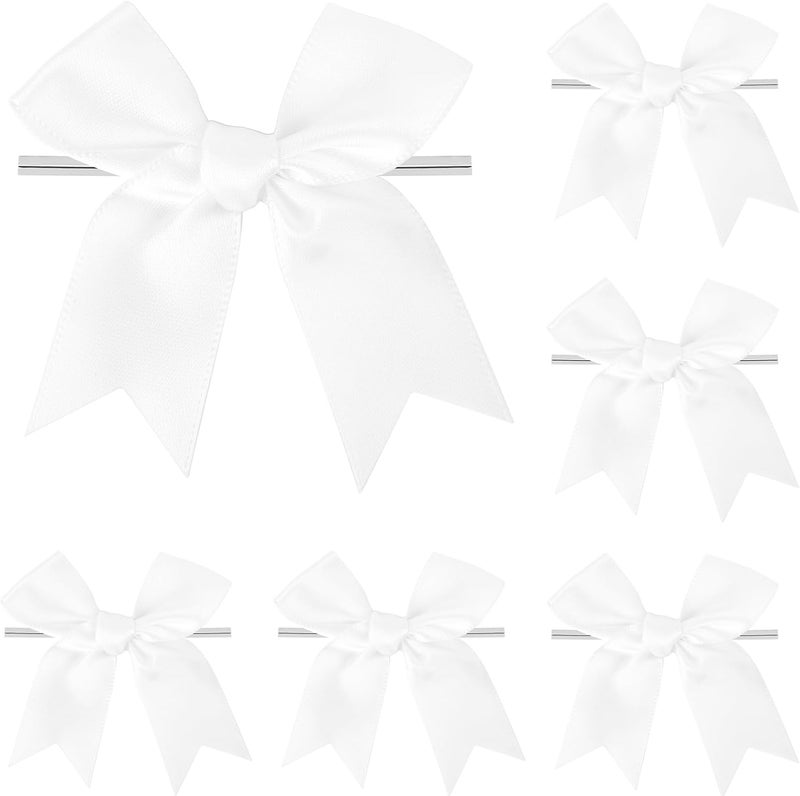 comosso Twist Tie Bows, Satin Ribbon Bows - 3 Inches, 50-Pack for Treat Bags Gift Wrapping Basket Crafts Wedding Baby Shower Brithday Christmas Party Decorations (White) - Image 1